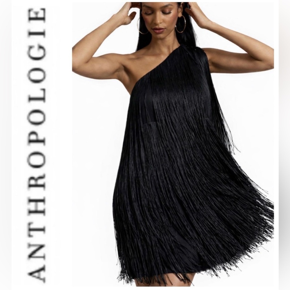 Hutch by Anthropologie Black Fringe One-Shoulder Dress M- NWT $220
